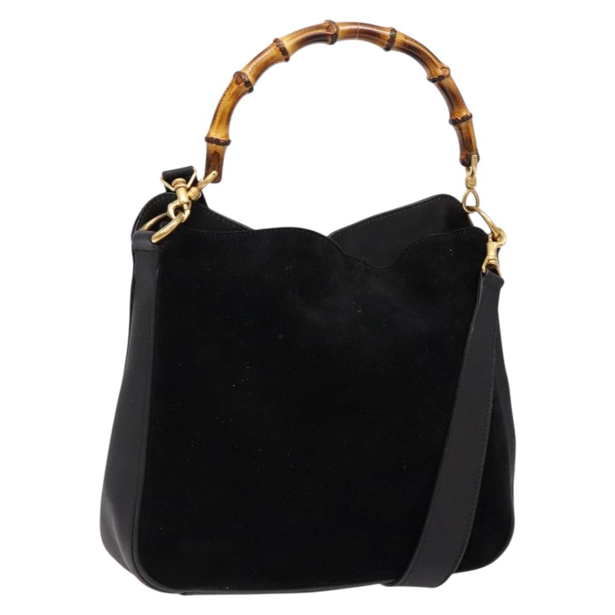 Gucci Bamboo Shoulder Bag Suede 2way Black Gold 001 3754 1638 Auth 139273